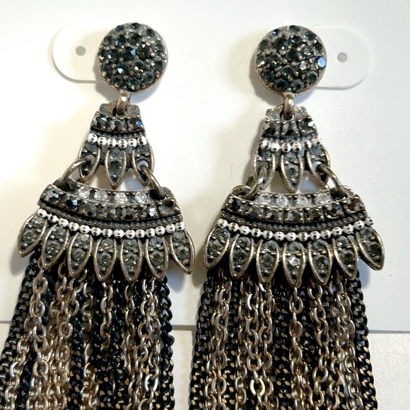 Rhinestone Black and Silver Tone Dangling Chandelier Earrings Statement Sparkly - Picture 4 of 6